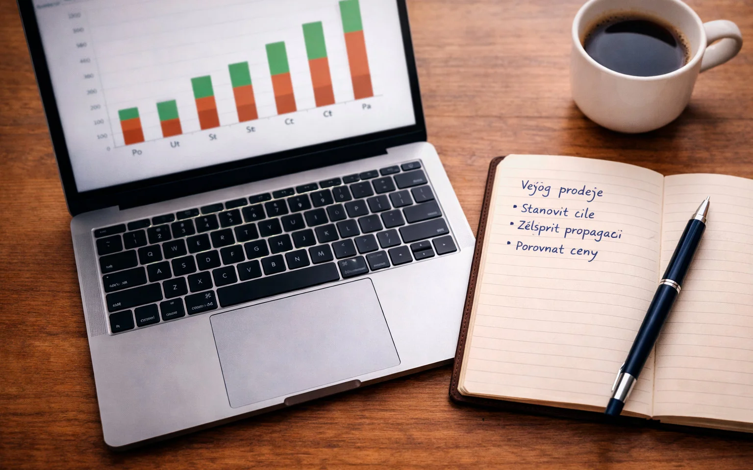 Notebook s otevřeným přehledem tenisových statistik a poznámkovým blokem vedle