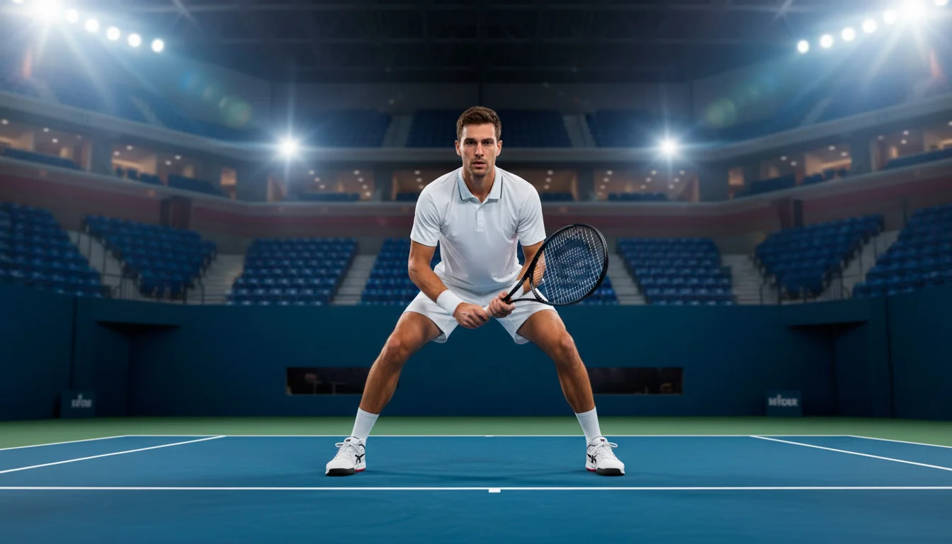 Tenista soustředěně sleduje soupeře před returnem na tvrdém kurtu