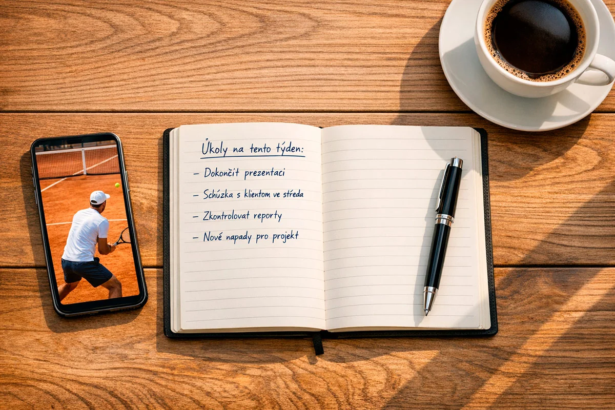 Zápisník s perem a poznámkami o plánování tenisových sázek na stole