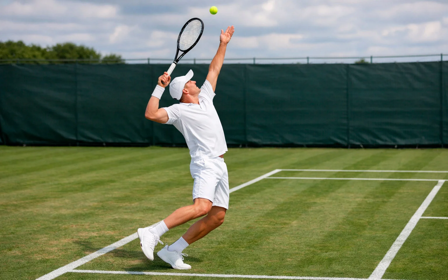 Tenista podávající servis na travnatém kurtu během zápasu