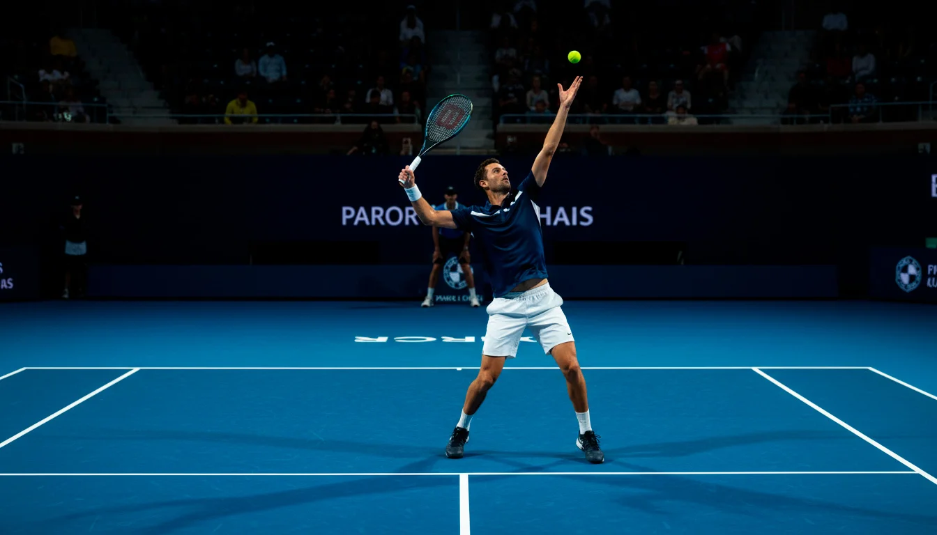 Tenista podává míč na osvětleném kurtu během živého zápasu