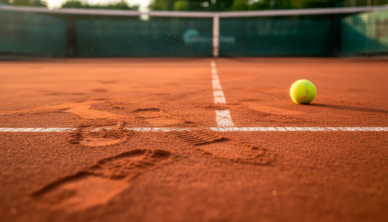 Tenisový antukový kurt s viditelnými stopami po skluzech hráčů