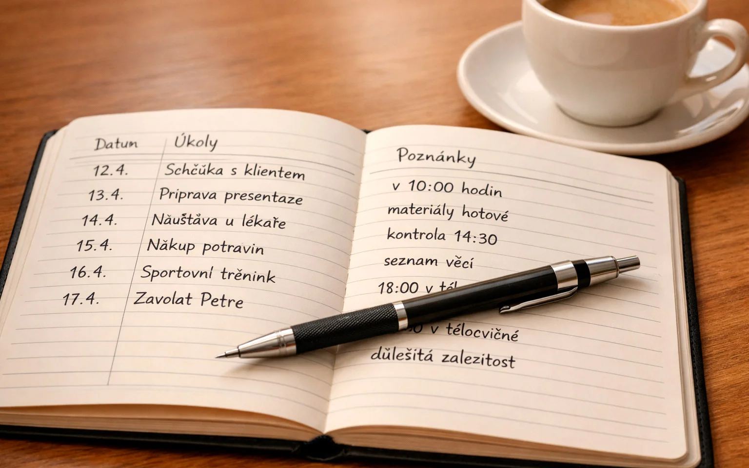 Poznámkový blok se záznamy sázek a tužkou na stole vedle šálku kávy