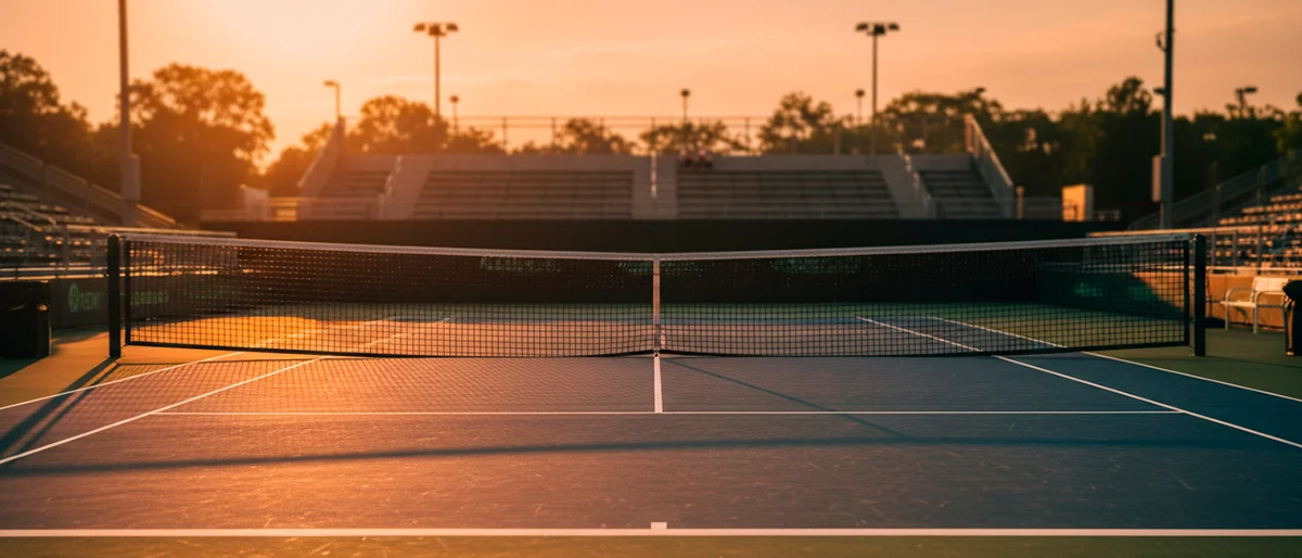 Tenisový kurt osvětlený slunečním světlem při západu slunce