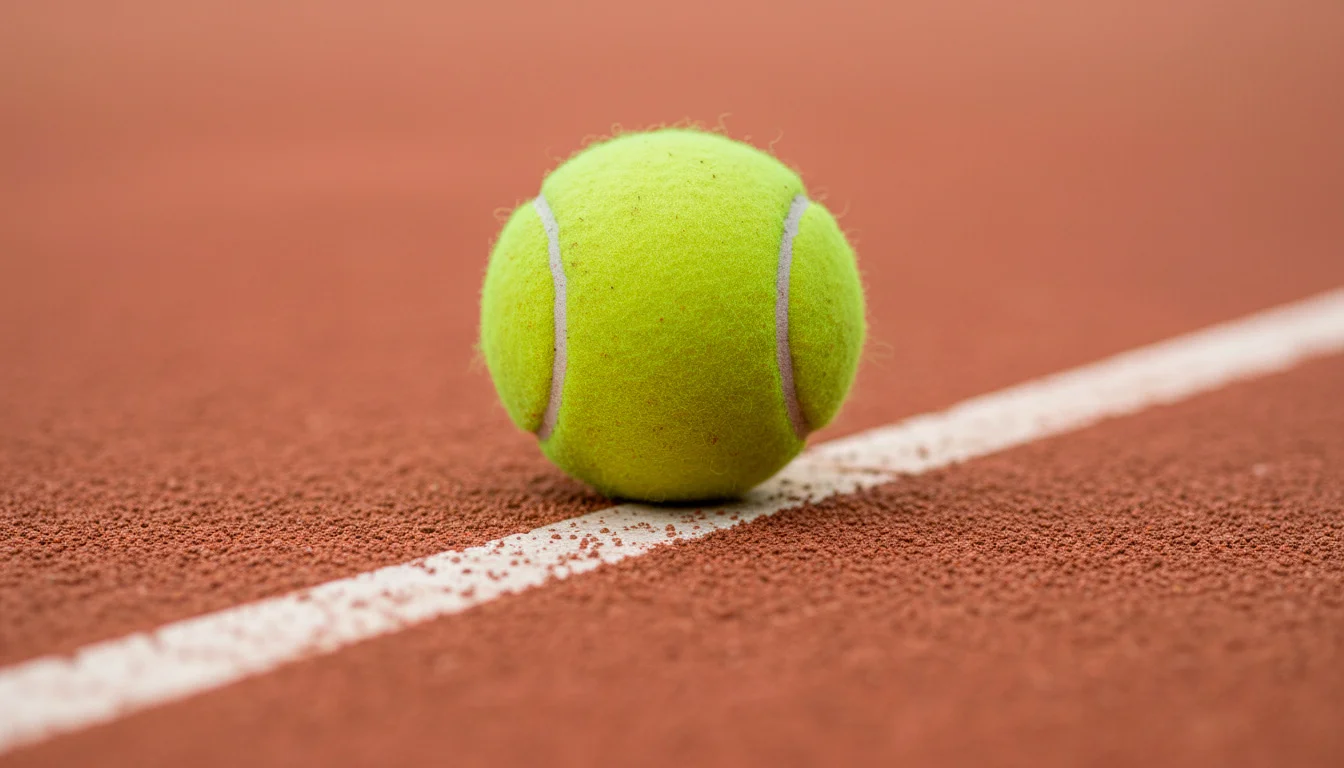 Tenisový míč ležící na antukové ploše kurtu s viditelnými lajnami