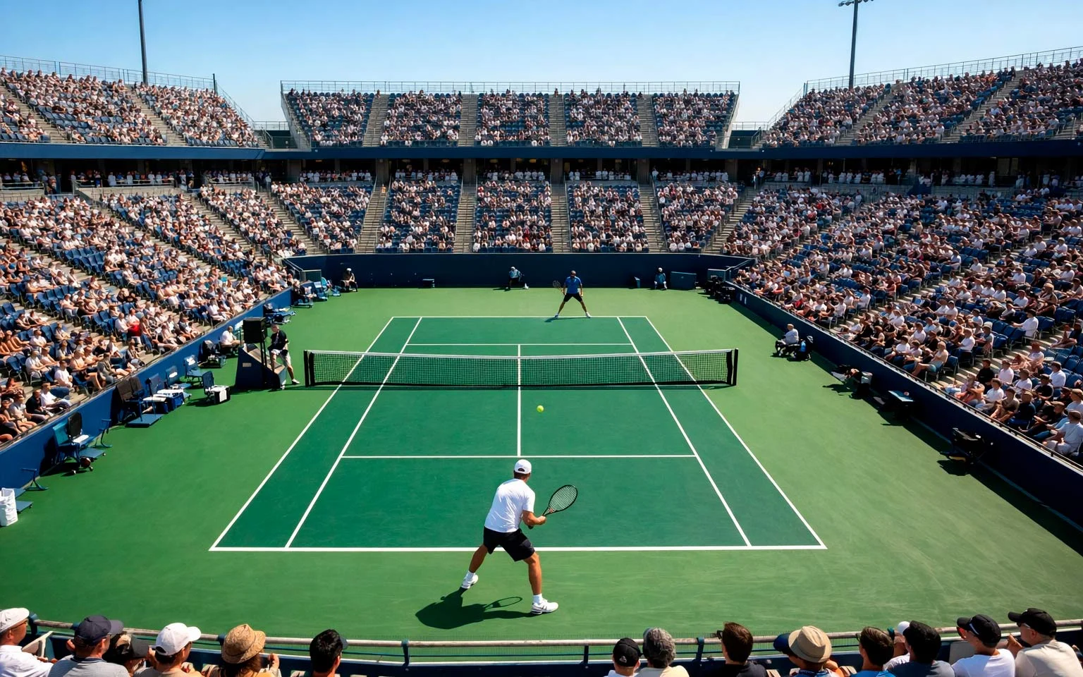 Pohled na tenisový stadion z tribuny během profesionálního zápasu