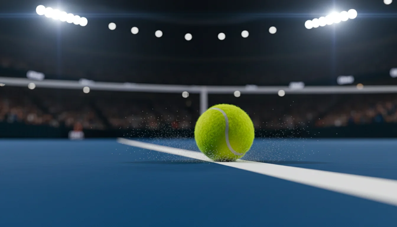 Tenisový míček na lajně kurtu při těsném rozhodování